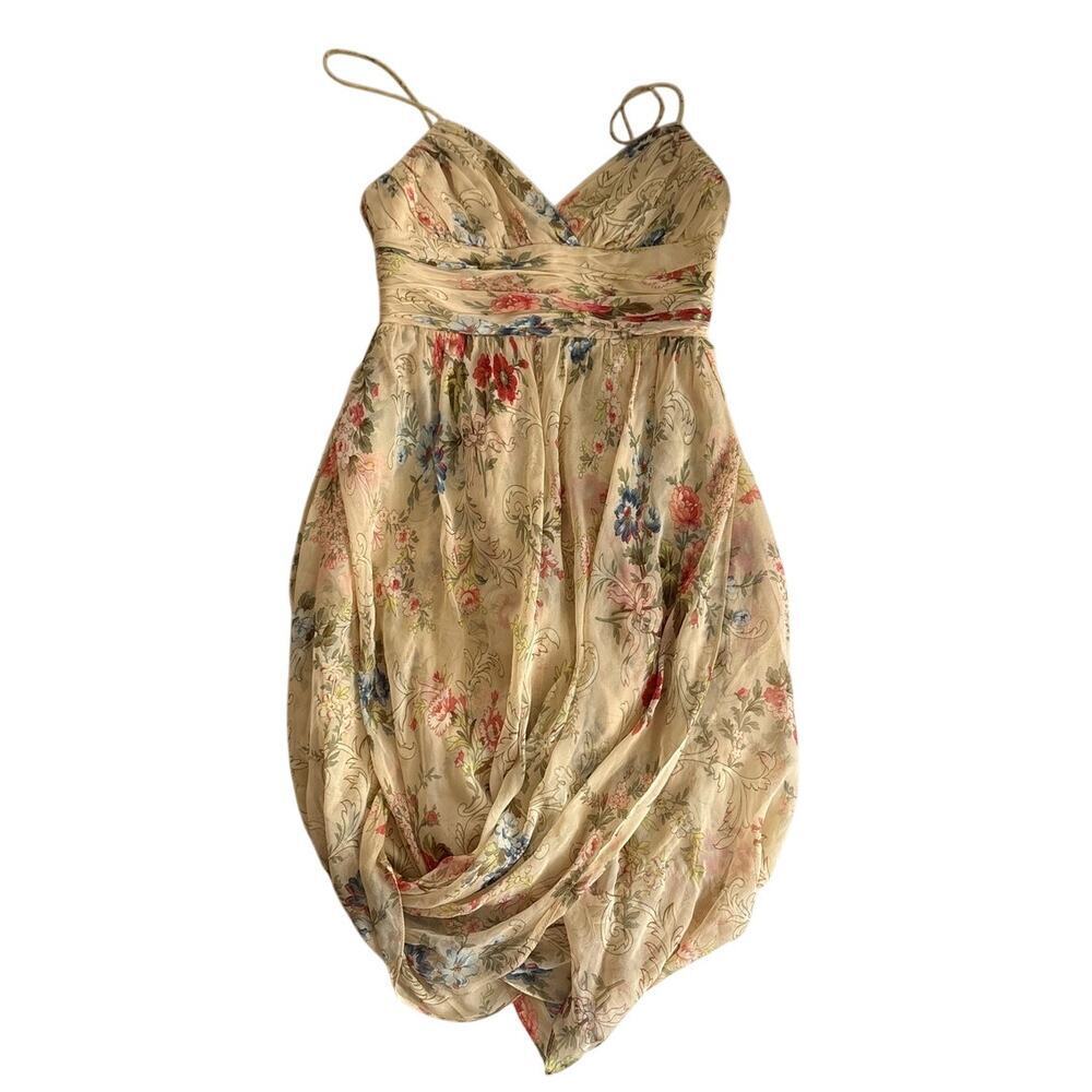 David Meister 100% Silk Floral Draped Cocktail Dress Size 4 Y2K